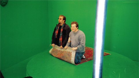Paul Wilson and Lee Asher on the magic carpet during the filming of Hit the Road.