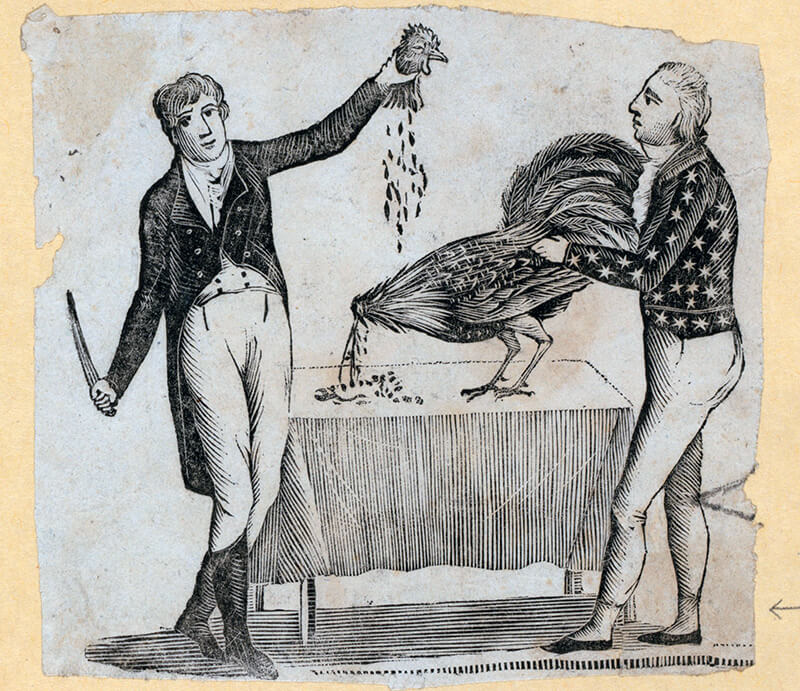 Dr. Alexander Anderson's woodcut vividly captures the magic of James Rannie's performance. Dr. Alexander Anderson's woodcut vividly captures the magic of James Rannie's performance, showcasing the mesmerizing act of separating and restoring a fowl's head with enchanting skill and grace (circa 1804).
