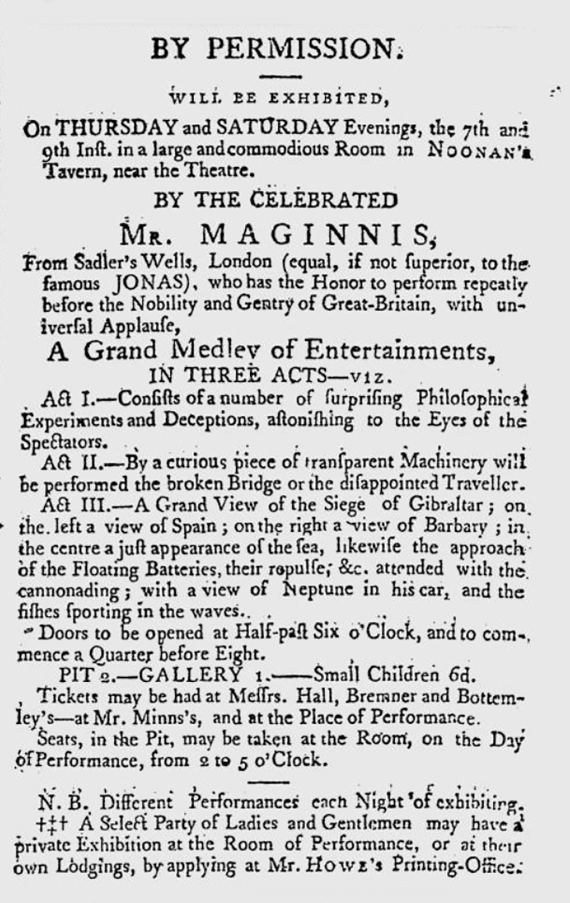 Was Maginnis the first magician in Canada? Newspaper clipping of Maginnis found in the Tuesday, August 5th, 1794, edition of the Royal Gazette (Halifax).