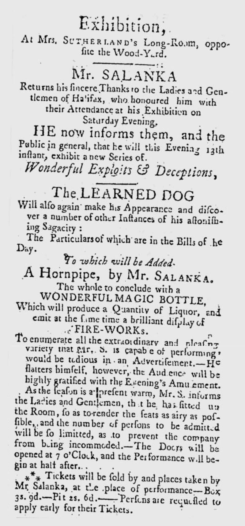 Step back in time to 1799 with Gabriel Salenka, the renowned colonial conjurer, and his extraordinary canine companion. Newspaper clipping of Gabriel Salenka and his dog found in the Tuesday, August 13th, 1799, edition of the Royal Gazette (Halifax).