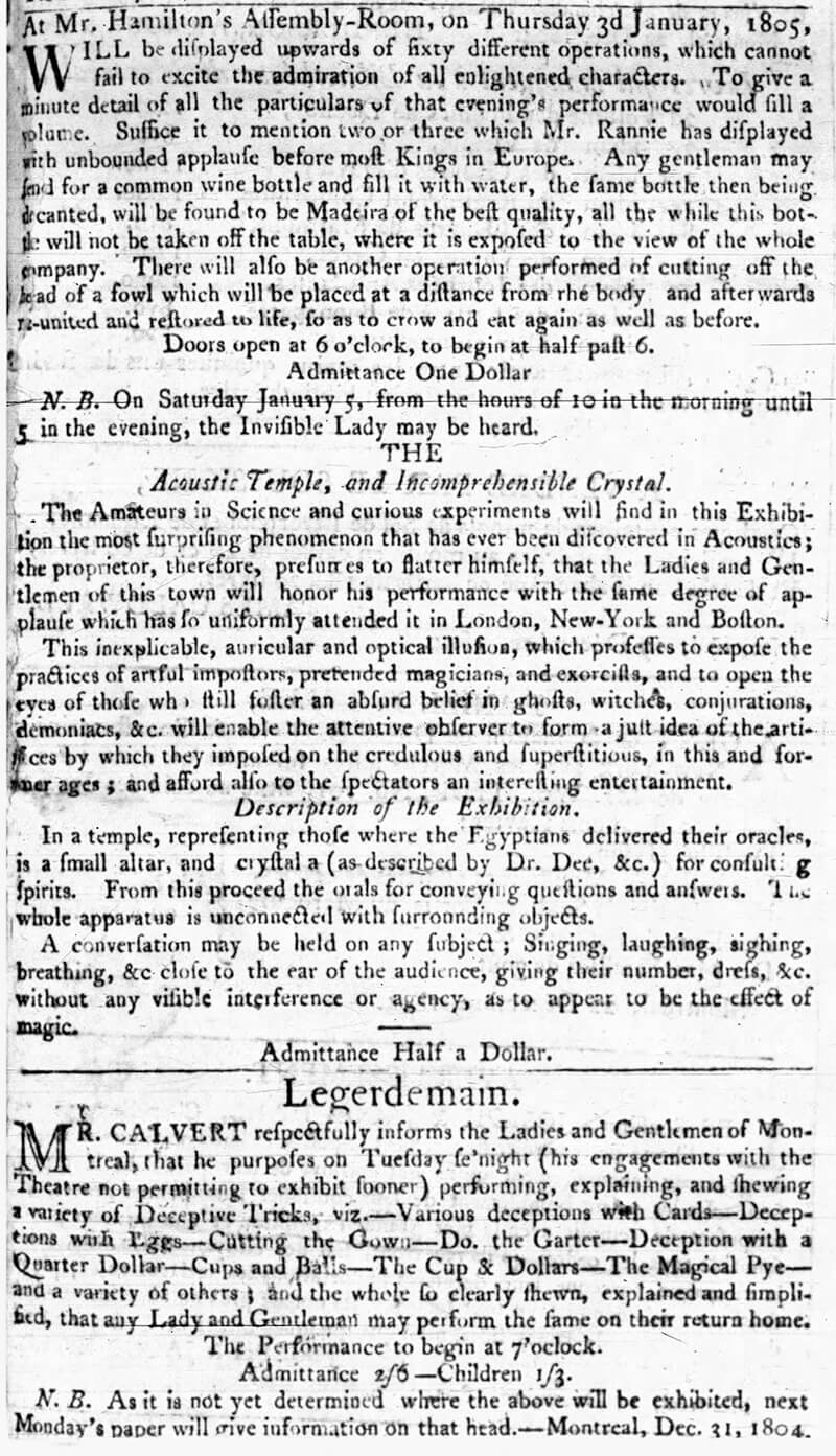 In December 1894 and Janaury 1895, Scottish magician and ventriloquist, James Rannie performed in Montreal, Canada. Newspaper clipping of Scottish magician and ventriloquist James Rannie in the Monday, December 31st, 1804, edition of the Montreal Gazette.