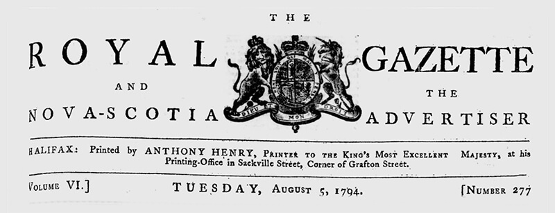 It seems the first recorded White magician to perform in Canada was probably a man named Maginnis. Masthead for the August 5th, 1794, edition of the Royal Gazette (Halifax), featuring advertising for a magician named Maginnis.